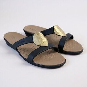 Crocs Womens Sanrah Sandal Sz 10 Brown Gold Hammered Teardrop Wedge Heel Slide